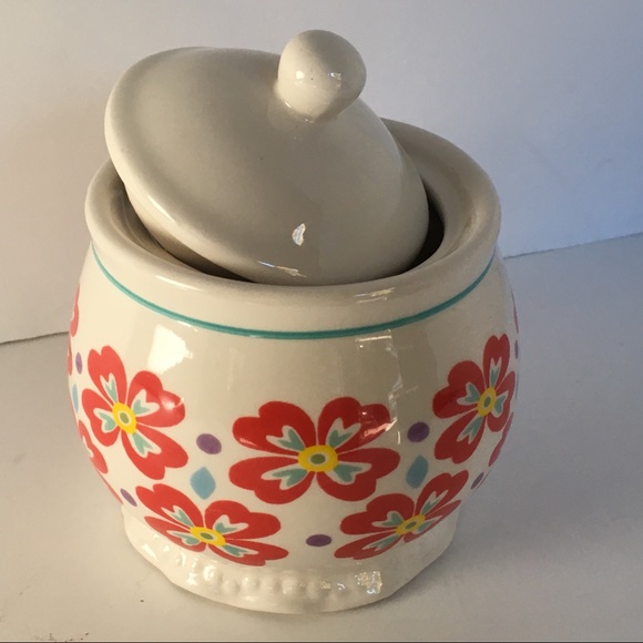 Pioneer Woman Sugar Bowl With Lid Red Flowers Farmhouse Vintage Style Ceramic - Picture 2 of 11